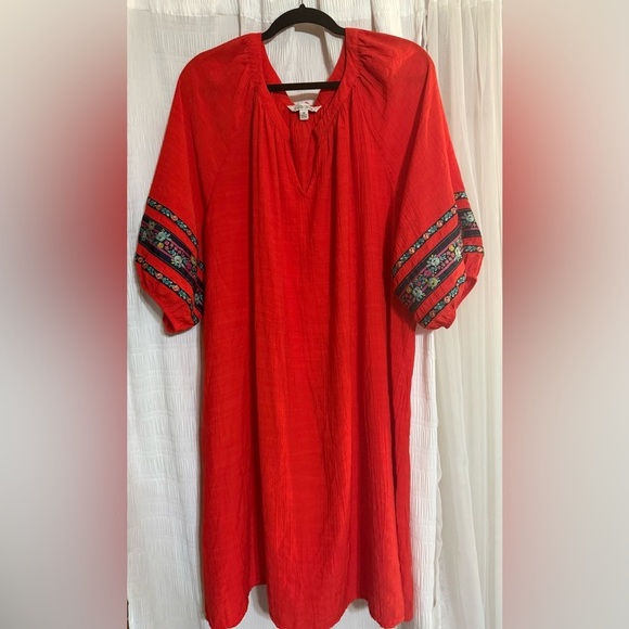The Pioneer Woman Red Dress with Embroidered Sleeves - Picture 2 of 14